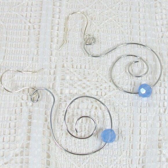 Silver Dangle Spiral Earrings with Blue Stone Handmade Lightweight Drop Earrings - Picture 3 of 8